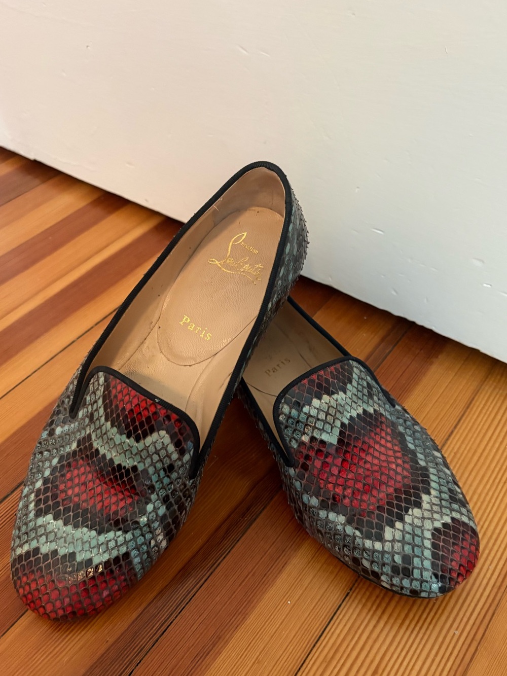 Christian Louboutin Women’s Red & Blue Python Snakeskin Loafers, size 38.5
